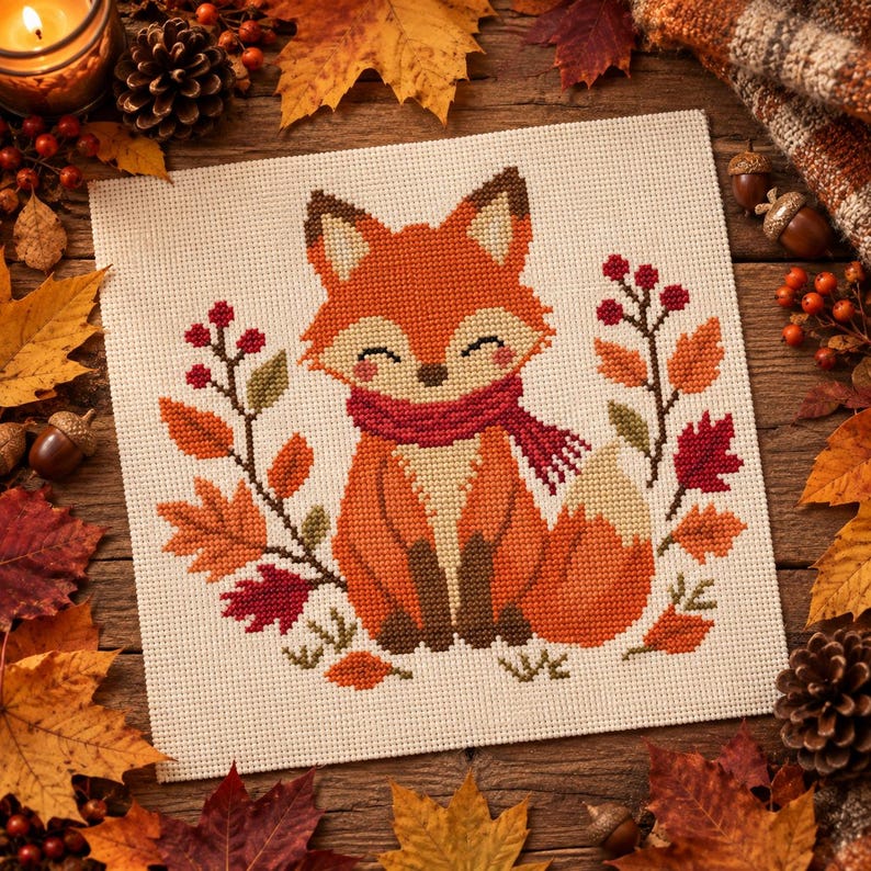 May include: A square cross-stitch embroidery piece on cream fabric featuring a central orange fox with a dark red scarf. The fox is surrounded by a decorative arrangement of autumn leaves in shades of red, orange, and green, along with small red berries.