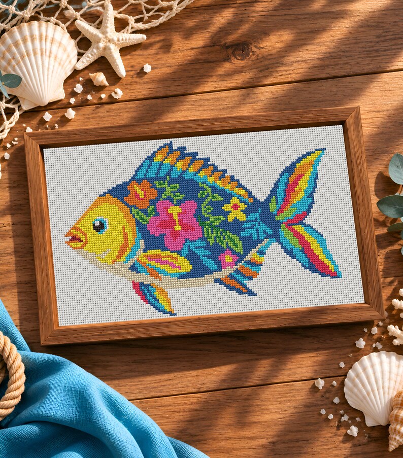 Pode incluir: Uma moldura de madeira retangular contendo um bordado em ponto cruz de um peixe. O peixe apresenta uma cabe&ccedil;a amarelo-brilhante e um corpo azul-escuro decorado com flores de hibisco rosa e laranja, folhas verdes e uma cauda multicolorida.
