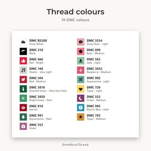 May include: A color chart titled Thread colours with 19 DMC colors listed in two columns. Each entry features a small icon, the DMC code, and the color name. The chart includes shades like Snow White, Black, Red, Green, Rose, and Topaz.