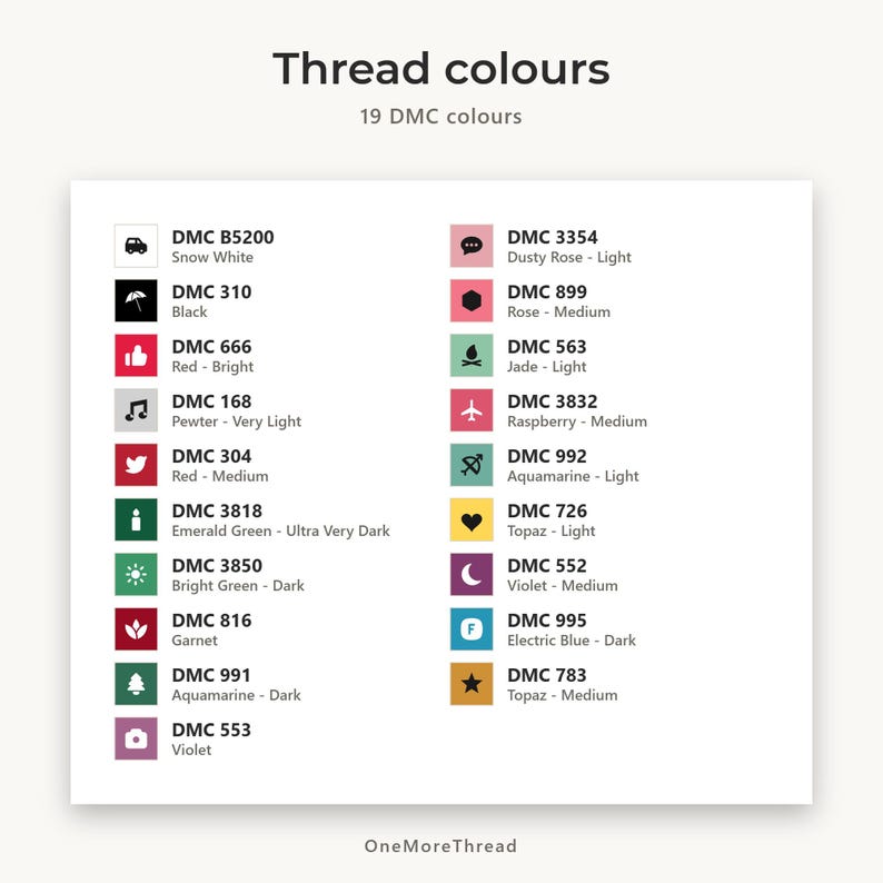 May include: A color chart titled Thread colours with 19 DMC colors listed in two columns. Each entry features a small icon, the DMC code, and the color name. The chart includes shades like Snow White, Black, Red, Green, Rose, and Topaz.