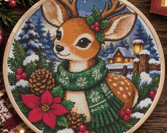 Christmas Deer Cross Stitch Pattern PDF, Cute Winter Reindeer, Cozy Snowy Village, Counted Embroidery Design