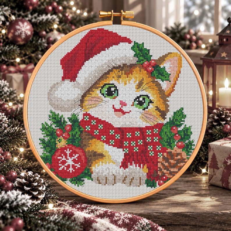 May include: A cross-stitch embroidery in a round wooden hoop featuring a kitten wearing a red and white Santa hat and a red scarf with white dots. The kitten is surrounded by green holly leaves, red berries, a red ornament with a white snowflake, and a pinecone.