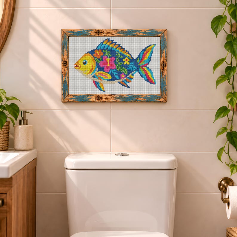 Pode incluir: Um padr&atilde;o de ponto cruz retangular emoldurado apresentando um peixe estilizado com cabe&ccedil;a amarela e corpo azul escuro decorado com vibrantes motivos florais rosa, laranja e amarelos. O peixe tem uma cauda e barbatanas multicoloridas em tons de azul, rosa e amarelo, tudo sobre um fundo de grade branco dentro de uma moldura de madeira texturizada e desgastada em azul e castanho.