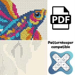 May include: A cross-stitch pattern featuring a vibrant, multi-coloured fish with pink, blue, and yellow scales. The image includes a PDF icon, the text "Patternkeeper compatible," and a grid-based chart with symbols for needlework.