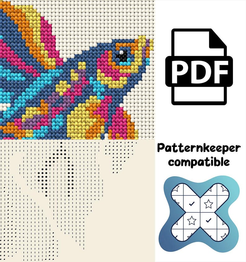 May include: A cross-stitch pattern featuring a vibrant, multi-coloured fish with pink, blue, and yellow scales. The image includes a PDF icon, the text "Patternkeeper compatible," and a grid-based chart with symbols for needlework.