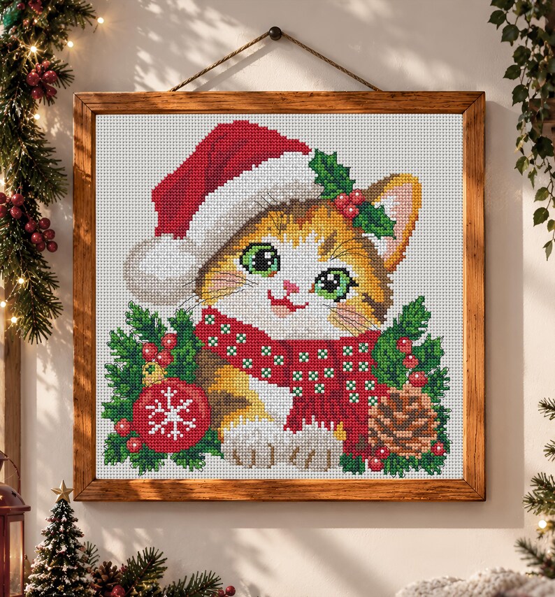 May include: A square cross-stitch embroidery in a wooden frame depicting a kitten wearing a red and white Santa hat and a red scarf with white dots. The kitten is surrounded by green holly leaves, red berries, a red ornament with a white snowflake, and a brown pinecone.
