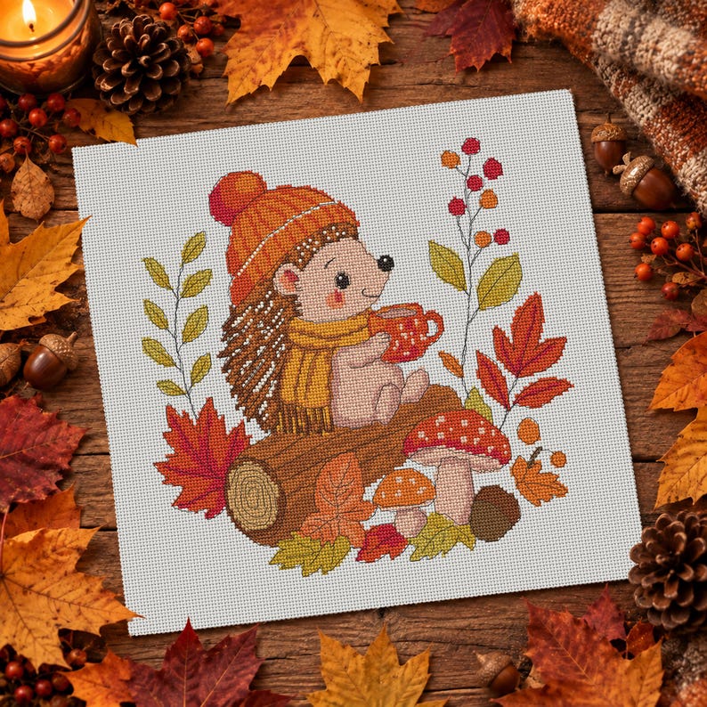 May include: A cross-stitch pattern on white fabric featuring a hedgehog wearing an orange knit hat and yellow scarf, holding a red mug. The design includes a brown log, red and orange autumn leaves, two mushrooms, and a sprig of red berries.