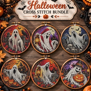 May include: A Halloween cross stitch bundle featuring six circular wooden embroidery hoops. Each hoop displays a detailed ghost-themed design with elements like lanterns, pumpkins, tombstones, and bats. A sign at the top reads Halloween CROSS STITCH BUNDLE.