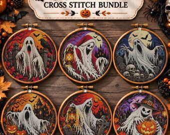 May include: A Halloween cross stitch bundle featuring six circular wooden embroidery hoops. Each hoop displays a detailed ghost-themed design with elements like lanterns, pumpkins, tombstones, and bats. A sign at the top reads Halloween CROSS STITCH BUNDLE.