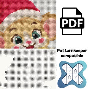 Op de afbeelding: Een kruissteekpatroon met een stripfiguur die een rood-witte kerstmuts draagt. De afbeelding bevat een PDF-pictogram, de tekst Patternkeeper compatible en een rasterdiagram met symbolen voor borduurinstructies.