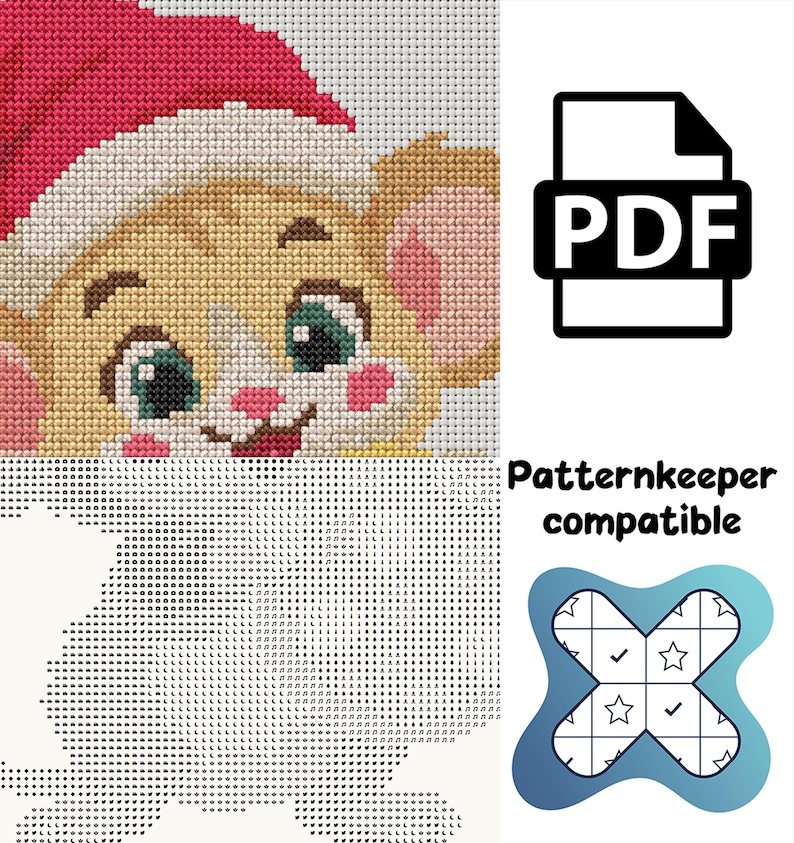 Op de afbeelding: Een kruissteekpatroon met een stripfiguur die een rood-witte kerstmuts draagt. De afbeelding bevat een PDF-pictogram, de tekst Patternkeeper compatible en een rasterdiagram met symbolen voor borduurinstructies.