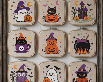 May include: Nine square embroidery hoops featuring Halloween cross-stitch designs on beige fabric, arranged in a grid within a wooden frame. Patterns include ghosts, black cats, pumpkins, a haunted house, a cauldron, and an owl, all in purple, orange, and black.