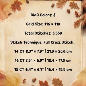 May include: A cross stitch pattern information sheet featuring 8 DMC colours, a 116 by 110 grid, and 3,550 total stitches. Dimensions are listed for 14 CT at 21.0 by 20.0 cm, 16 CT at 18.4 by 17.5 cm, and 18 CT at 16.4 by 15.5 cm.