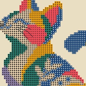 May include: A pixel art style cat pattern featuring a grid of colored squares. The cat is composed of various shades including teal, yellow, pink, blue, and purple. Each square contains a small icon such as a tree, car, moon, or the letter F.