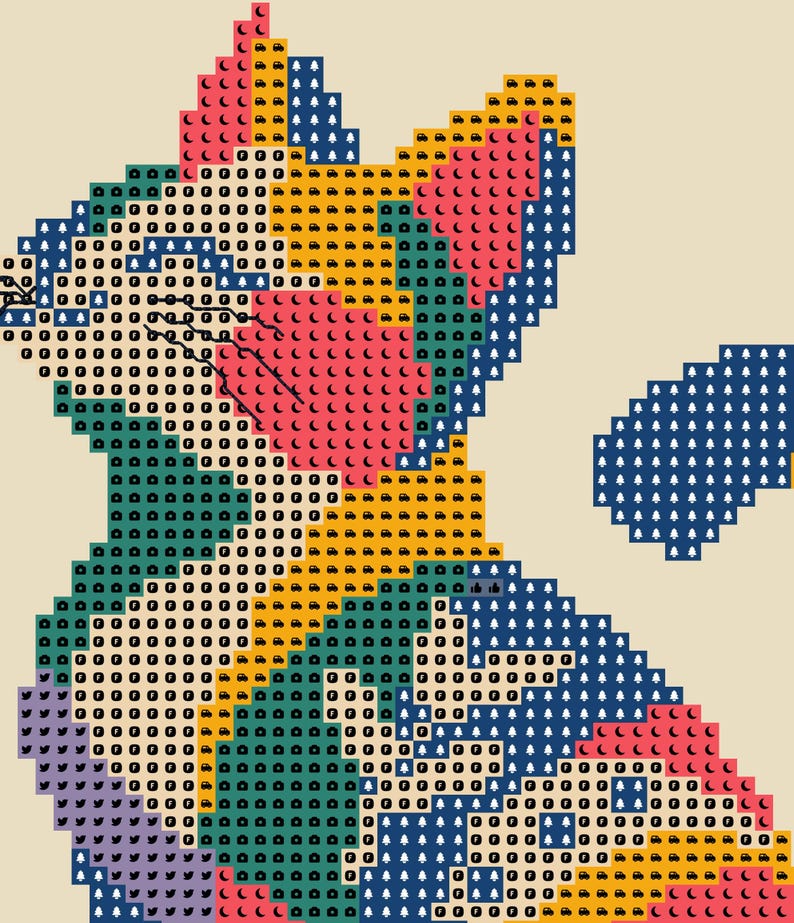 May include: A pixel art style cat pattern featuring a grid of colored squares. The cat is composed of various shades including teal, yellow, pink, blue, and purple. Each square contains a small icon such as a tree, car, moon, or the letter F.