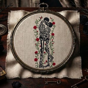 May include: A circular embroidery hoop containing a cross-stitch design of two skeletons embracing, surrounded by green vines and red roses. The embroidery is stitched onto a light beige fabric with frayed edges, held within an ornate bronze frame.