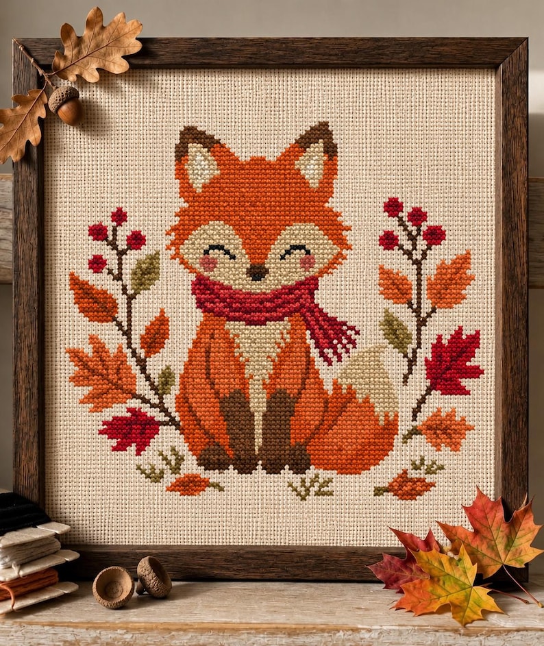 May include: A cross-stitch embroidery of a fox wearing a red scarf, centered on beige fabric. The fox is surrounded by red berries and colorful autumn leaves in shades of orange, red, and green. The piece is enclosed in a dark wooden frame.