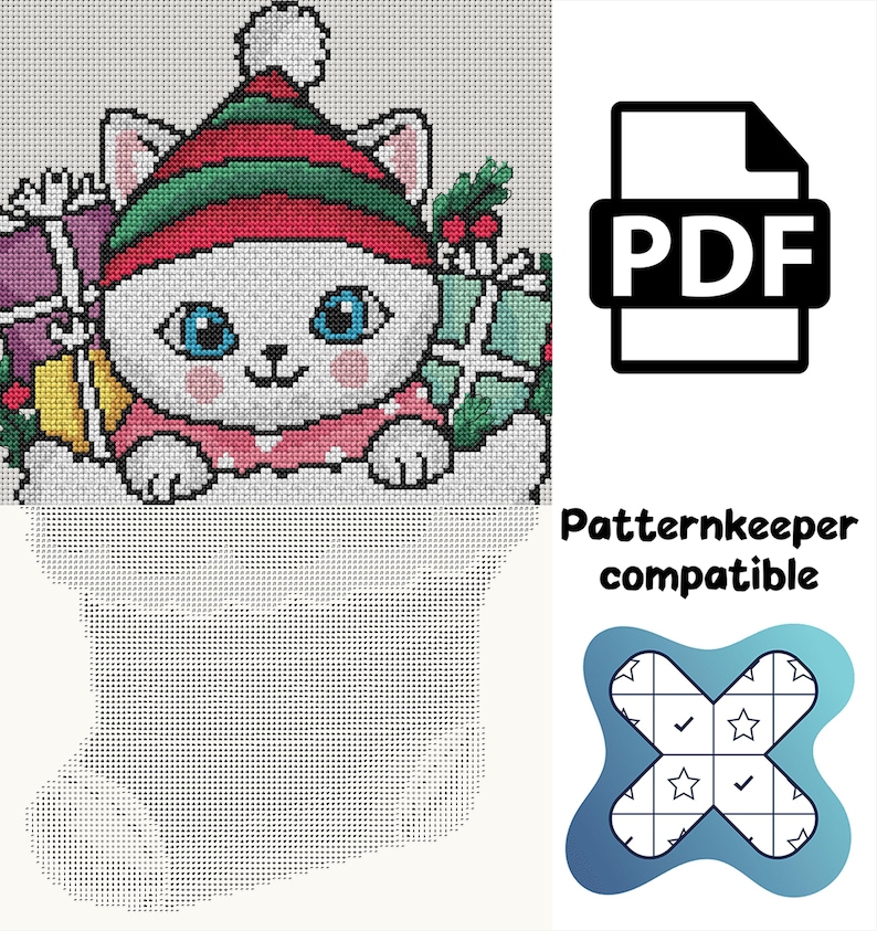 May include: A cross-stitch pattern featuring a white cat wearing a red and green striped hat with a white pom-pom, surrounded by gifts and holly. The design includes a PDF icon, the text Patternkeeper compatible, and a blue logo.