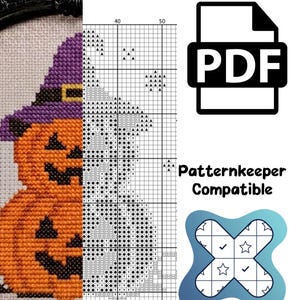 May include: A cross-stitch pattern featuring a jack-o'-lantern wearing a purple witch hat, displayed alongside a black and white grid chart, a PDF icon, and the text Patternkeeper Compatible with a blue cross-shaped logo.