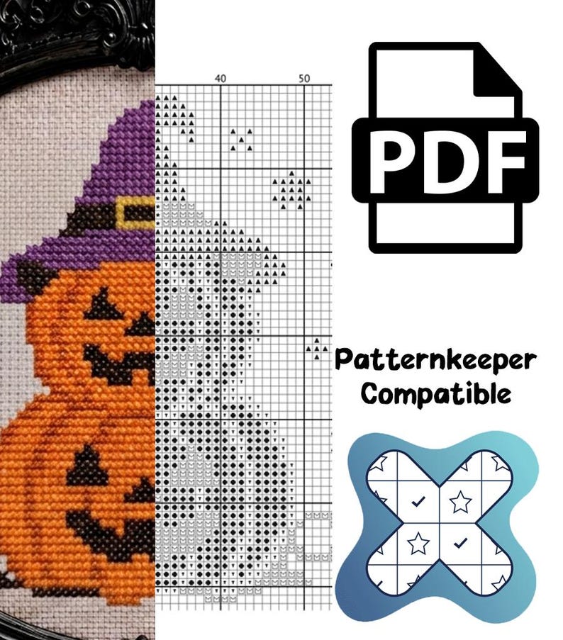 May include: A cross-stitch pattern featuring a jack-o'-lantern wearing a purple witch hat, displayed alongside a black and white grid chart, a PDF icon, and the text Patternkeeper Compatible with a blue cross-shaped logo.