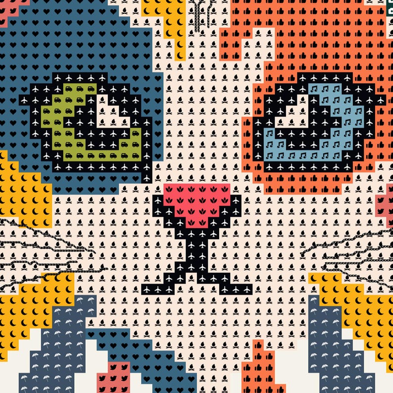 K&ouml;nnte beinhalten: Eine digitale Illustration eines Katzengesichts, bestehend aus einem Raster kleiner Symbole wie Herzen, Flugzeugen, Autos, Musiknoten, Regenschirmen und Mondsicheln. Die Katze hat eine rosa Nase, blaue und orangefarbene Ohren sowie schwarze Schnurrhaare.