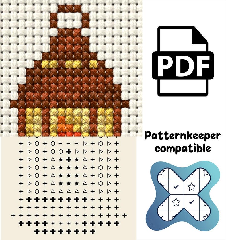 May include: A cross-stitch pattern featuring a brown lantern with yellow light and orange flames. Below the stitched design is a grid of black symbols including plus signs, triangles, circles, and stars. Includes a PDF icon and text reading Patternkeeper compatible.
