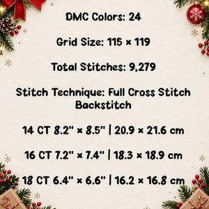May include: A cross stitch pattern information sheet featuring 24 DMC colors, a 115 x 119 grid, and 9,279 total stitches. It lists full cross stitch and backstitch techniques with dimensions for 14 CT, 16 CT, and 18 CT fabric in inches.