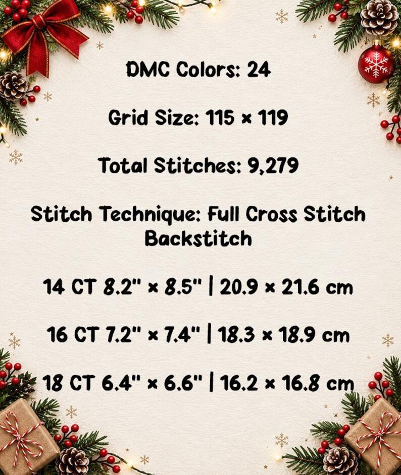 May include: A cross stitch pattern information sheet featuring 24 DMC colors, a 115 x 119 grid, and 9,279 total stitches. It lists full cross stitch and backstitch techniques with dimensions for 14 CT, 16 CT, and 18 CT fabric in inches.