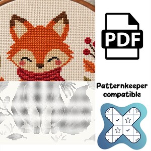 May include: A cross-stitch pattern featuring a fox with orange fur, brown ears, and a red scarf, set against a cream-colored fabric. The digital file includes a PDF icon and the text Patternkeeper compatible with a blue cross-shaped logo.