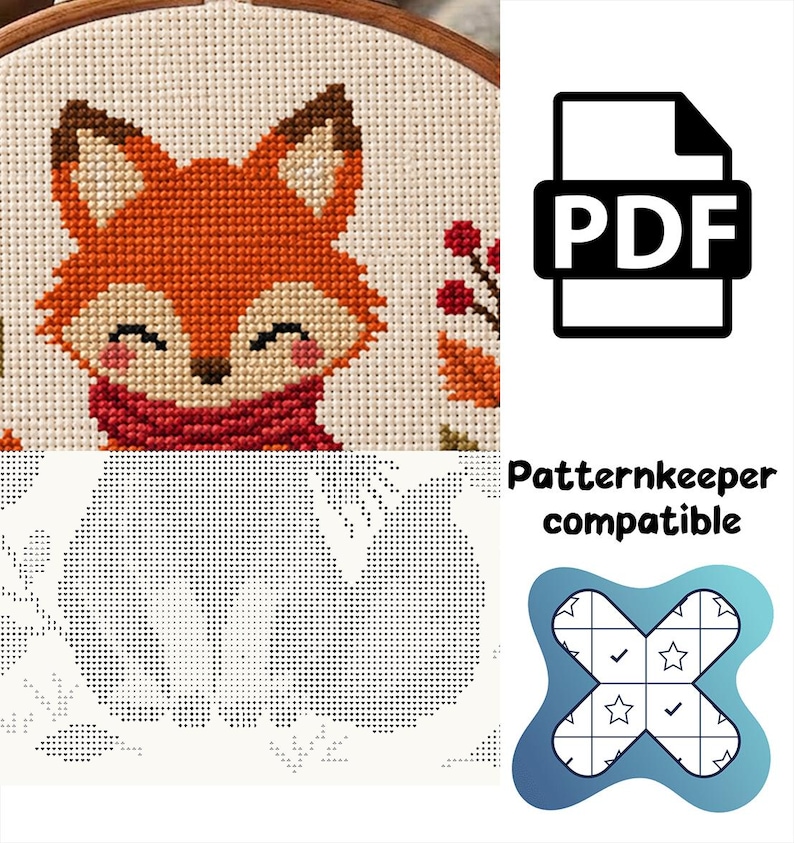 May include: A cross-stitch pattern featuring a fox with orange fur, brown ears, and a red scarf, set against a cream-colored fabric. The digital file includes a PDF icon and the text Patternkeeper compatible with a blue cross-shaped logo.
