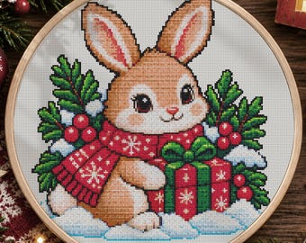 Cute Christmas Bunny Cross Stitch Pattern PDF, Festive Rabbit with Red Snowflake Scarf, Wrapped Gifts & Snowy Holly Greenery