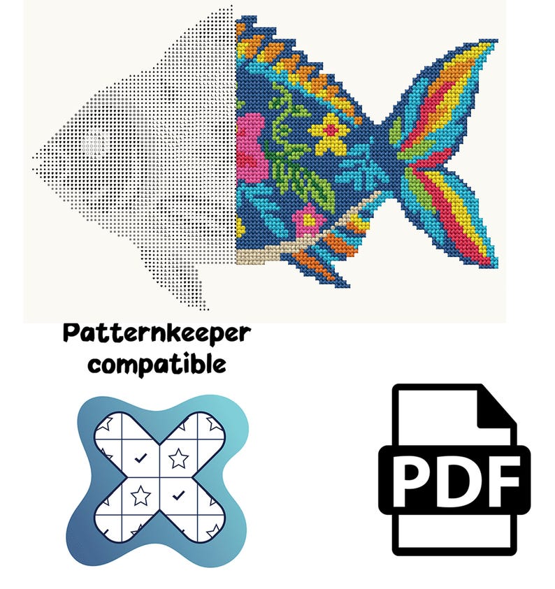 Pode incluir: Um padr&atilde;o de ponto cruz com um design de peixe, com o lado esquerdo em grelha a preto e branco e o lado direito a cores com motivos florais. O texto Patternkeeper compatible est&aacute; presente, juntamente com um log&oacute;tipo azul e um &iacute;cone PDF.