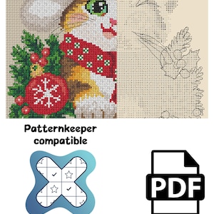 May include: A cross-stitch pattern featuring a cat wearing a red scarf and Santa hat, holding a red ornament with a white snowflake. The image includes a grid-based chart, the text Patternkeeper compatible, and a PDF file icon.