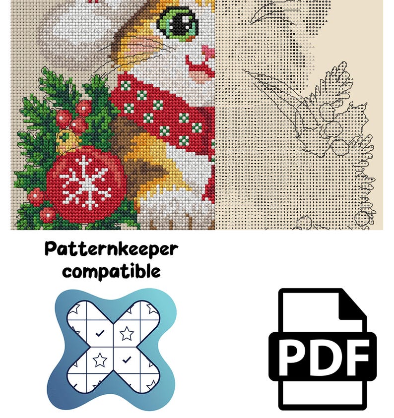 May include: A cross-stitch pattern featuring a cat wearing a red scarf and Santa hat, holding a red ornament with a white snowflake. The image includes a grid-based chart, the text Patternkeeper compatible, and a PDF file icon.