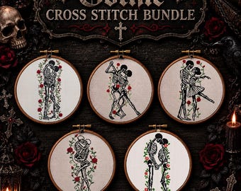May include: A set of five circular wooden embroidery hoops containing cross stitch designs of skeletons interacting with red roses and green vines. The text "Gothic CROSS STITCH BUNDLE" is displayed at the top in a decorative font.