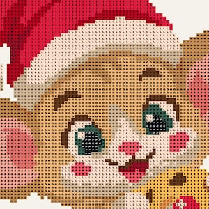 Op de afbeelding: Een kruissteekpatroon met een beige muis die een rode kerstmuts draagt. De muis heeft grote donkere ogen, roze wangen en een kleine neus. Het ontwerp bestaat uit een raster van symbolen die de verschillende kleuren garen vertegenwoordigen.