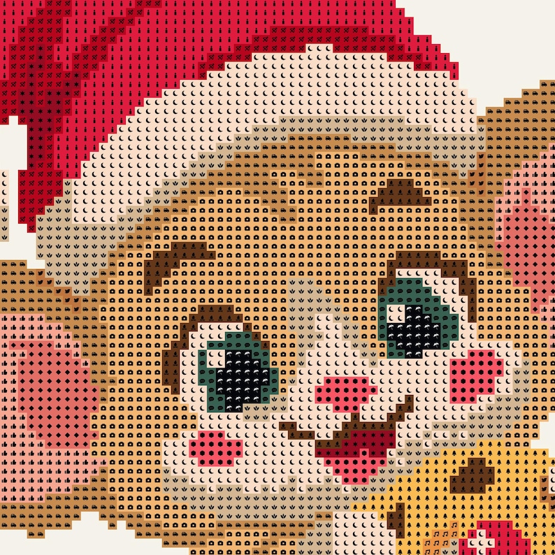 Op de afbeelding: Een kruissteekpatroon met een beige muis die een rode kerstmuts draagt. De muis heeft grote donkere ogen, roze wangen en een kleine neus. Het ontwerp bestaat uit een raster van symbolen die de verschillende kleuren garen vertegenwoordigen.