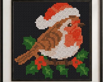 May include: A framed diamond painting featuring a robin bird wearing a red and white Santa hat. The bird has a brown back, a white belly, and a red chest, perched on a branch with green holly leaves and red berries against a black background.