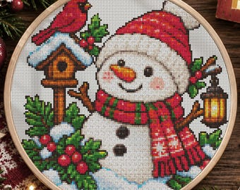 Christmas Snowman Cross Stitch Pattern PDF, Cute Snowman with Santa Hat, Red Scarf, Cardinal Bird,  Winter Lantern