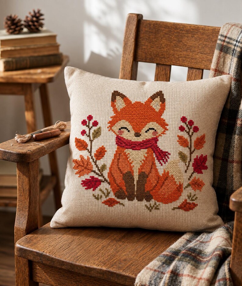May include: A square throw pillow with a beige fabric base featuring a cross-stitch design of a fox wearing a red scarf, surrounded by autumn leaves and berries in shades of orange, red, and brown, centered on the front of the pillow.