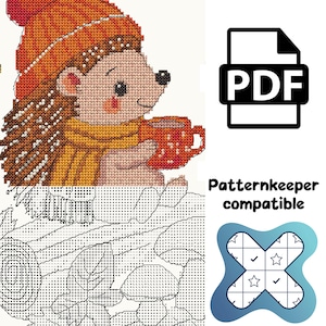 May include: A cross-stitch pattern featuring a hedgehog wearing an orange knit hat and yellow scarf, holding a red mug. The design includes a PDF icon, the text Patternkeeper compatible, and a blue cross-shaped logo with stars and checkmarks.