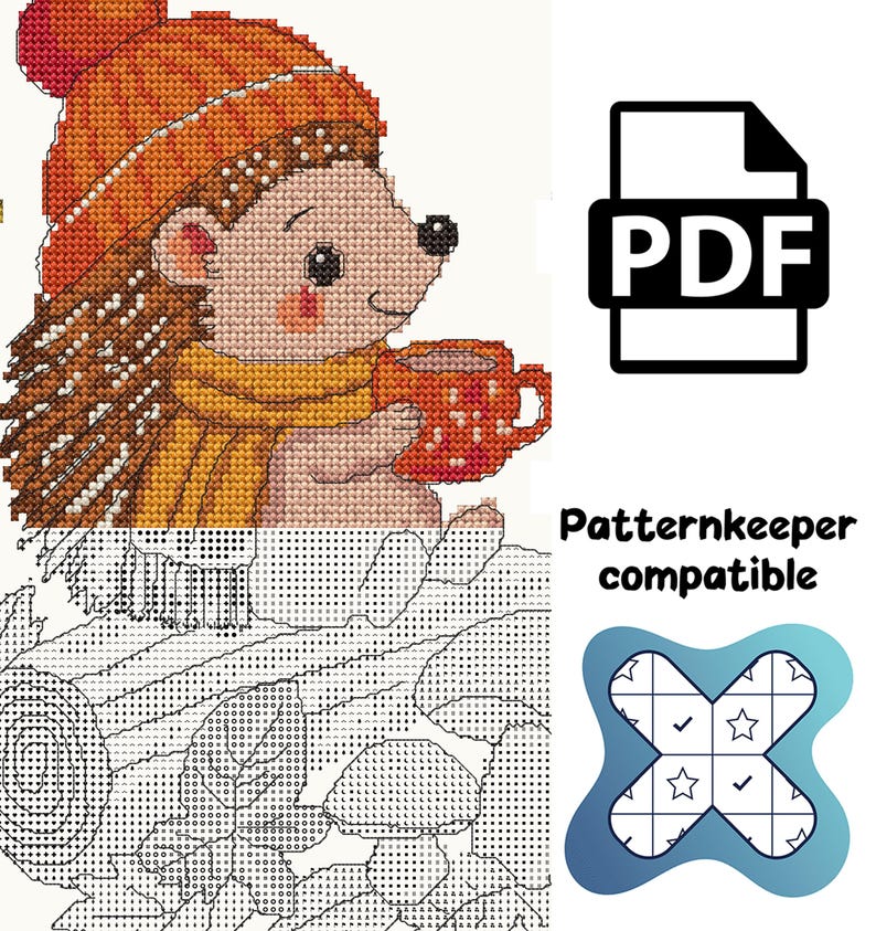 May include: A cross-stitch pattern featuring a hedgehog wearing an orange knit hat and yellow scarf, holding a red mug. The design includes a PDF icon, the text Patternkeeper compatible, and a blue cross-shaped logo with stars and checkmarks.