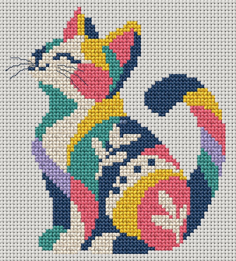 May include: A cross-stitch pattern of a sitting cat featuring a vibrant color palette of navy blue, bright yellow, pink, teal, and lavender. The cat is depicted in profile with stitched whiskers and stylized leaf motifs on its body and tail.