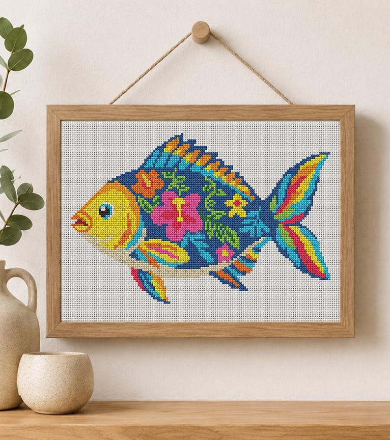 Pode incluir: Um bordado em ponto cruz de um peixe numa moldura de madeira clara. O peixe tem a cabe&ccedil;a amarela, o corpo azul-escuro com flores de hibisco cor-de-rosa e laranja, e uma cauda multicolorida com riscas azuis, amarelas e cor-de-rosa.