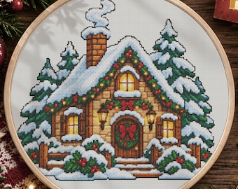 Snowy Christmas Cottage Cross Stitch Pattern PDF, Cozy Winter House with Holly Wreath, Snow Covered Trees & Glowing Windows