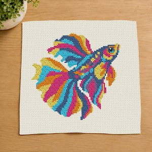 May include: A cross-stitch embroidery piece on white Aida fabric featuring a vibrant betta fish. The fish displays a complex pattern of bright blue, magenta, yellow, and orange threads, with long, flowing fins and a detailed eye, centred on the cloth.