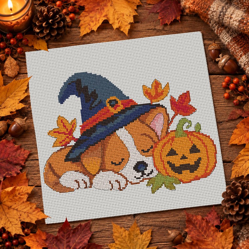 May include: A cross-stitch pattern on white fabric featuring a sleeping puppy wearing a blue witch hat with an orange band, positioned next to a smiling orange jack-o'-lantern pumpkin and several colourful autumn leaves in shades of red and yellow.