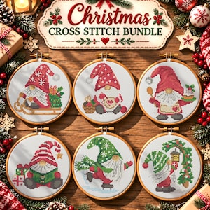May include: A Christmas cross stitch bundle featuring six circular wooden embroidery hoops, each displaying a unique gnome design in red, green, and white thread. The top sign reads Christmas CROSS STITCH BUNDLE in red and green text.