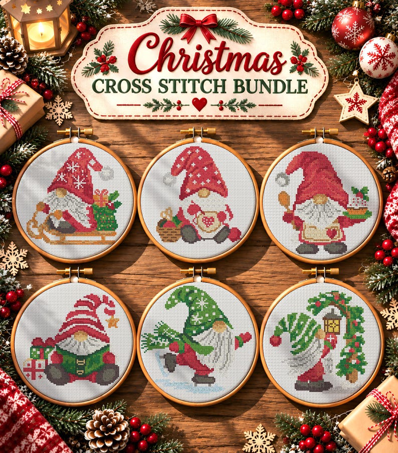 May include: A Christmas cross stitch bundle featuring six circular wooden embroidery hoops, each displaying a unique gnome design in red, green, and white thread. The top sign reads Christmas CROSS STITCH BUNDLE in red and green text.