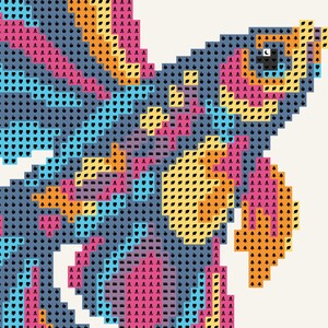 May include: A pixel art style illustration of a fish rendered in a vibrant colour palette of blue, pink, yellow, and orange. The design features a repeating pattern of small icons including trees, apples, and other shapes within each pixel block.